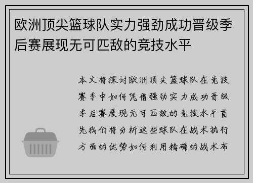 欧洲顶尖篮球队实力强劲成功晋级季后赛展现无可匹敌的竞技水平