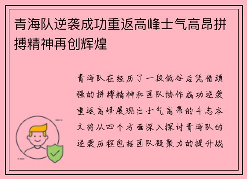 青海队逆袭成功重返高峰士气高昂拼搏精神再创辉煌