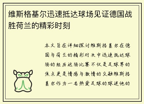 维斯格基尔迅速抵达球场见证德国战胜荷兰的精彩时刻