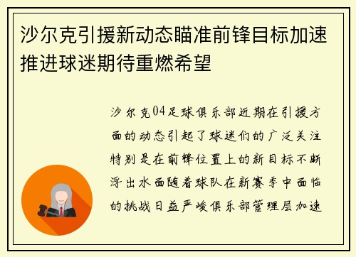 沙尔克引援新动态瞄准前锋目标加速推进球迷期待重燃希望