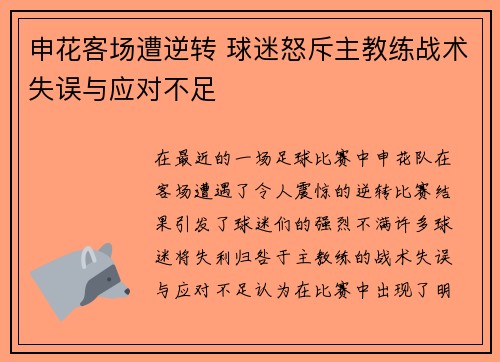 申花客场遭逆转 球迷怒斥主教练战术失误与应对不足
