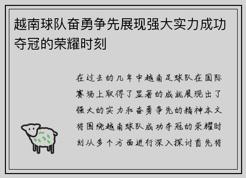 越南球队奋勇争先展现强大实力成功夺冠的荣耀时刻