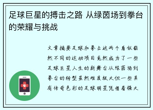 足球巨星的搏击之路 从绿茵场到拳台的荣耀与挑战