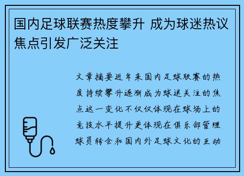 国内足球联赛热度攀升 成为球迷热议焦点引发广泛关注