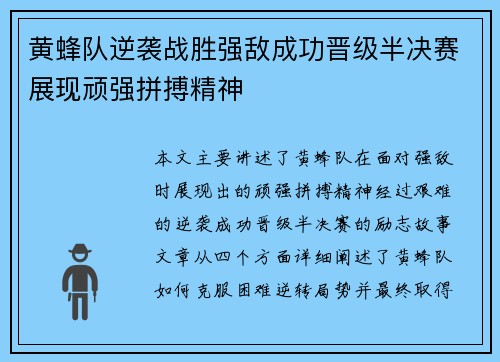 黄蜂队逆袭战胜强敌成功晋级半决赛展现顽强拼搏精神