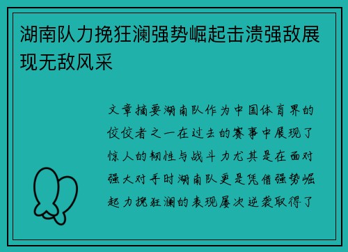 湖南队力挽狂澜强势崛起击溃强敌展现无敌风采