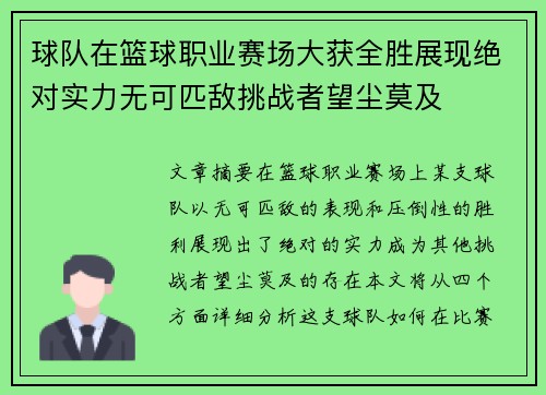 球队在篮球职业赛场大获全胜展现绝对实力无可匹敌挑战者望尘莫及