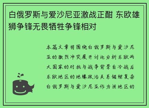 白俄罗斯与爱沙尼亚激战正酣 东欧雄狮争锋无畏牺牲争锋相对