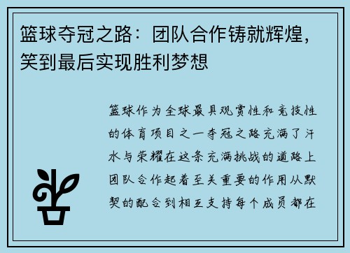 篮球夺冠之路：团队合作铸就辉煌，笑到最后实现胜利梦想
