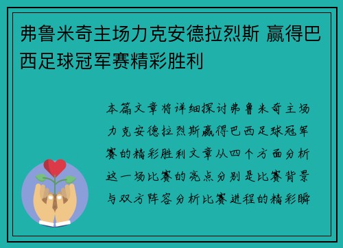 弗鲁米奇主场力克安德拉烈斯 赢得巴西足球冠军赛精彩胜利