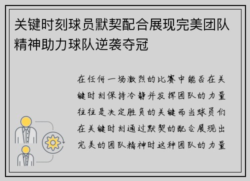 关键时刻球员默契配合展现完美团队精神助力球队逆袭夺冠