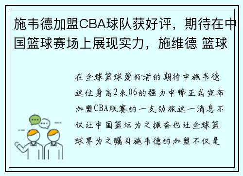 施韦德加盟CBA球队获好评，期待在中国篮球赛场上展现实力，施维德 篮球