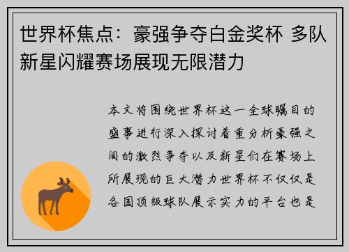 世界杯焦点：豪强争夺白金奖杯 多队新星闪耀赛场展现无限潜力