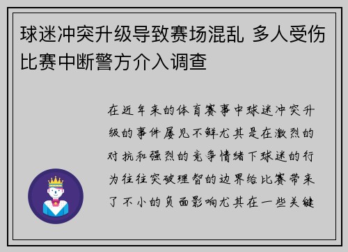 球迷冲突升级导致赛场混乱 多人受伤比赛中断警方介入调查